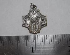 Vintage Four Way Cross Medal Silvertone Catholic Religous Medal
