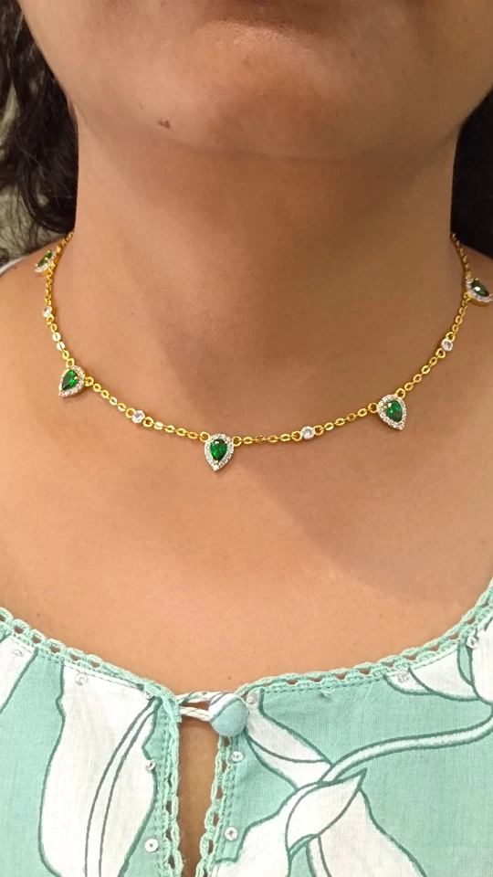 3.5Ct Birne Simulierte Smaragd & Diamant Halsband 45.7cm 14K Gelbgold - Bild 3 von 4