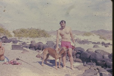 c1970's 35mm Slide Film, Man Dog Woman Beach Fishing Rod Mountains Sandy Hazy