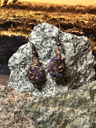Purple Jasper Oval Wire Wrapped Earrings - Purple and Copper Earrings- Handcraft - Picture 2 of 5