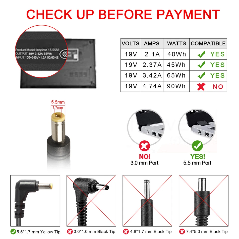 Laptop Notebook Power Supply Charger Adapter for Acer 19V 3.42A 65W 5.5*1.7mm - image 2 of 4