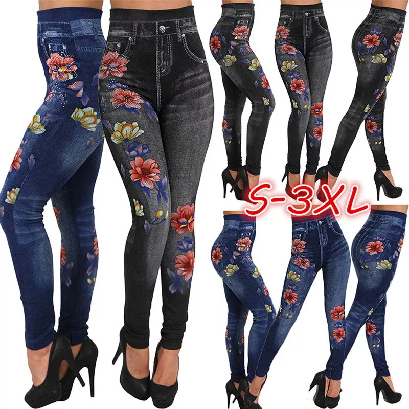 Women Stretchy Denim Look Skinny Ladies Jeggings Leggings Jegging Pants  Trousers