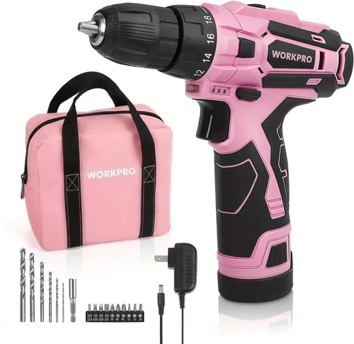 Pink 12V Cordless Drill Driver Set with Keyless Chuck & Storage Bag