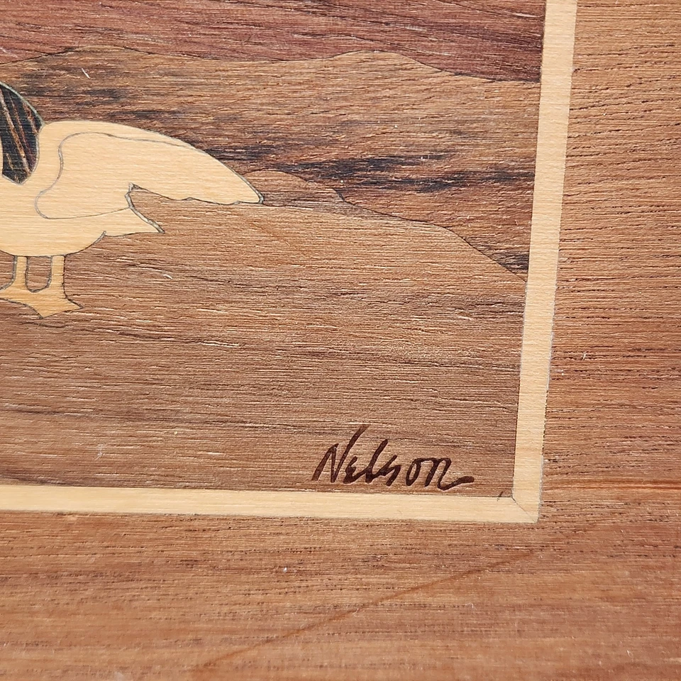 Faro de marquetería vintage paisaje marino arte en madera firmado Nelson enmarcado náutico diciembre Foto 2 de 4