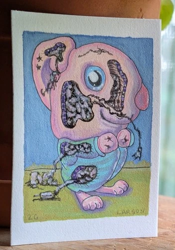 ACEO Original Art Card Hand Painted - 2.5x3.5 - ROBOT Bunny- by Larson 