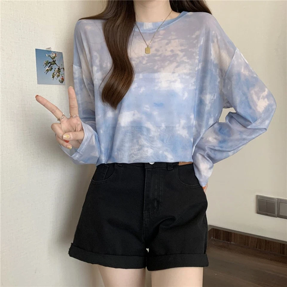 Donna Trasparente Camicia Tie-Dyeing Rete Top Sole Protezione Base T Estate Thin - Immagine 2 di 4