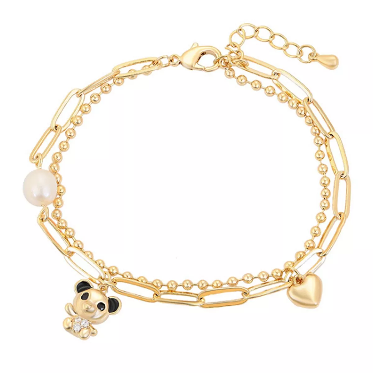 Woman 14K Gold Plated Cute Bear Heart Charms Double Chain