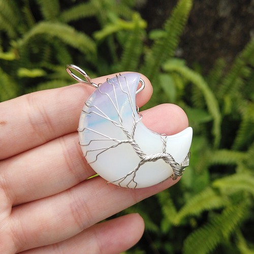 Natural Healing Crystal Quartz Wire Wrap Tree Of Life Crescent Moon Gem Pendant - Picture 17 of 37