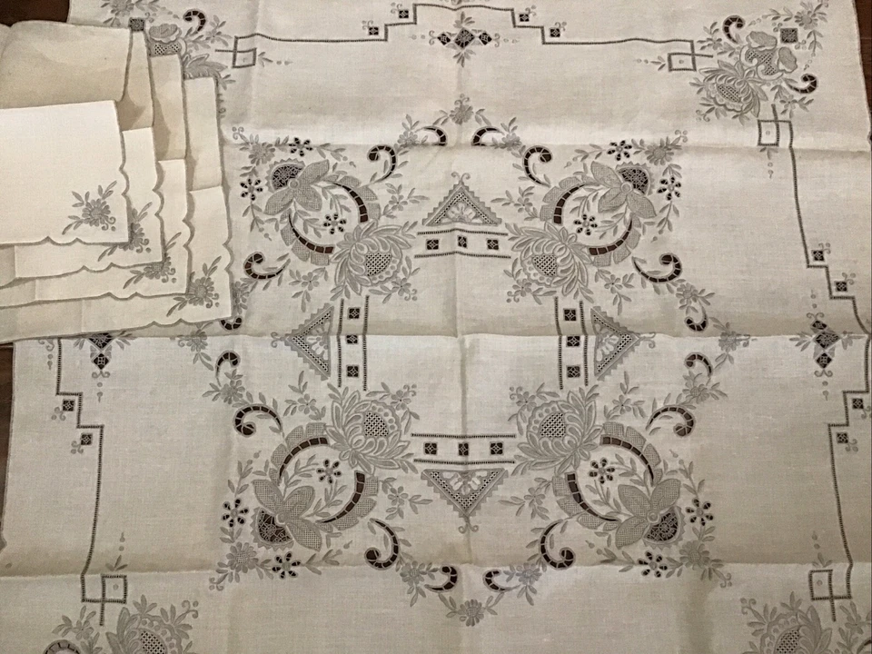 "Mantel de lino cuadrado 34"" y 4 servilletas vintage Madeira bordado a mano nuevo" - Imagen 2 de 4