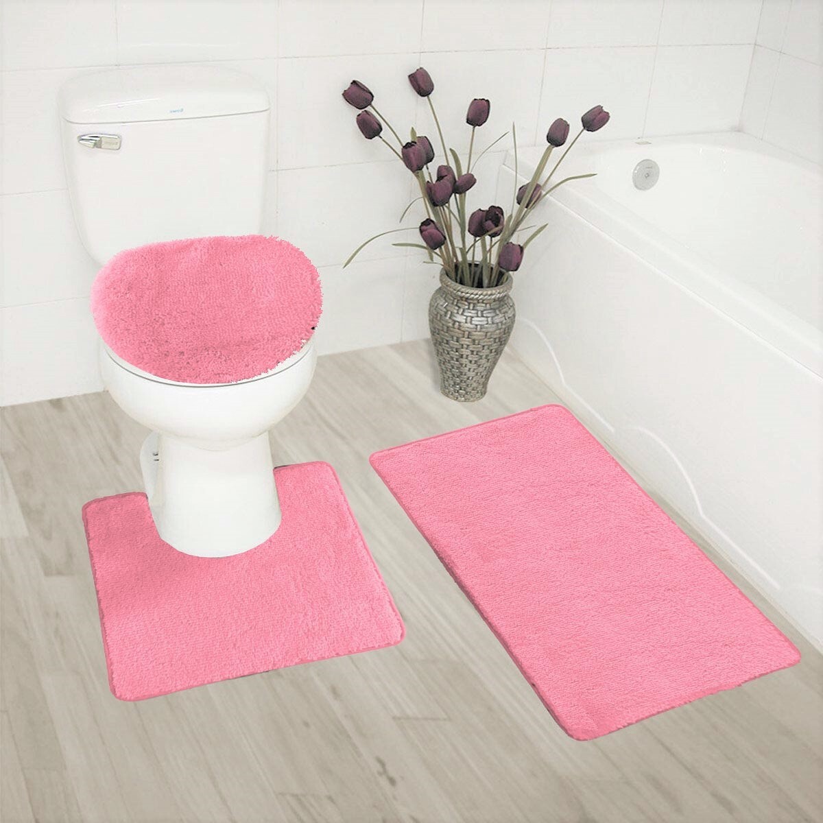 Plush 3-Piece Bathroom Contour Mat Set With Toilet Lid Cover (Machine Washable, Non-Slip)