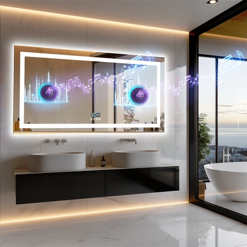 Smart Bathroom Mirror w/ Bluetooth Dual LED Strips Anti-Fog Dimmable Lighting