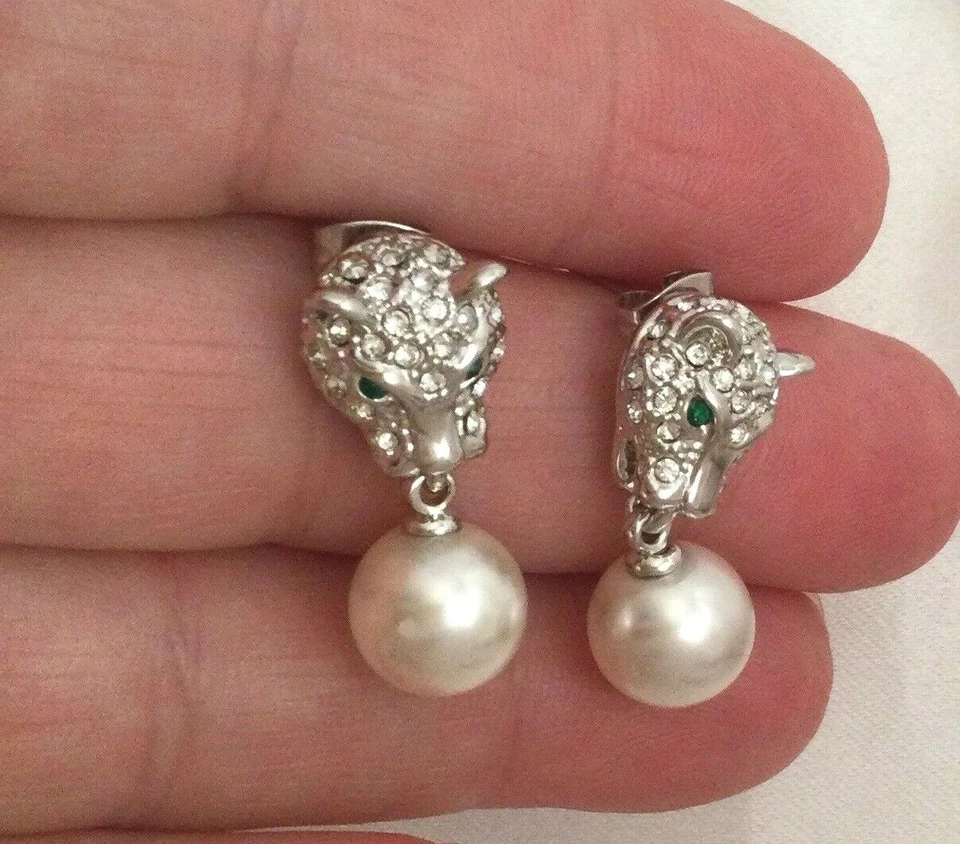 Винтажные ювелирные изделия пантера леопард большой кот серебряный жемчуг серьги уха кольцо ювелирные изделия - Изображение 4 из 4