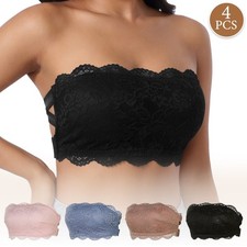 4PCS Lace Strapless Push Up Bandeau Bra Crisscross Back Side Hook Wireless Top