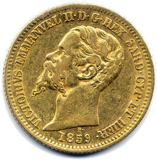 Italy Sardegna : Vittorio Emanuele II : 20 lire 1859 G P Genova : gold oro