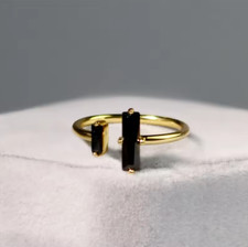 Natural Black Onyx Stone 18K Gold Pleated Sterling Silver Open Band Ring US 7-9