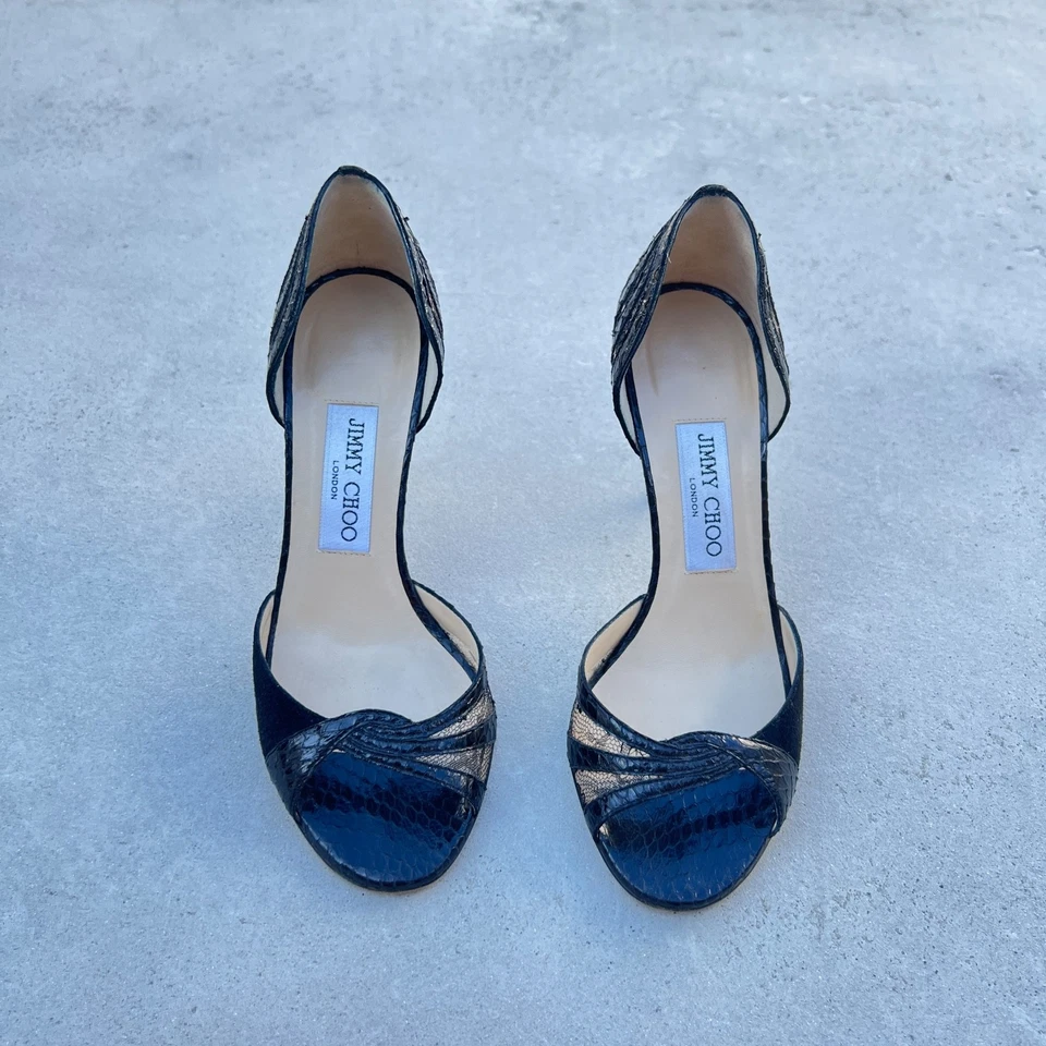 Jimmy Choo | Black Lace Velvet Python Leather D'Orsay Peep Toe Pumps (36.5) - Image 2 of 4