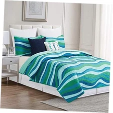  Deep Blue Sea Waves Full/Queen 3 Piece Quilt Set Full/Queen 3 Piece Set Aqua