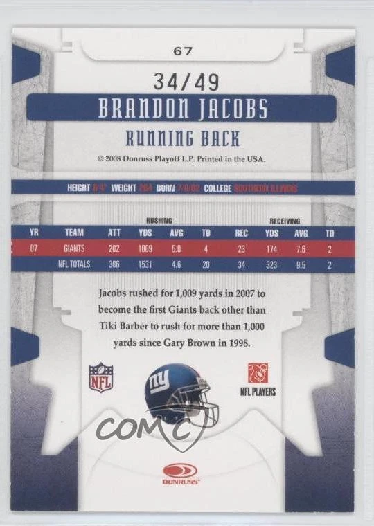 2008 Leaf Limited Spotlight Gold /49 Brandon Jacobs #67 - Image 2 of 2