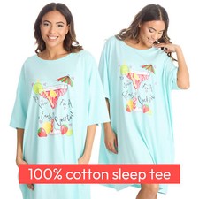 Ladies 100% Cotton Nightshirt Oversized Pyjama T-shirt Green Loose Fit Nightie 