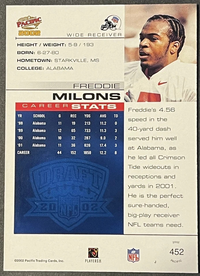2002  Pacific #452 Freddie Milons Rookie Football Card - Image 2 of 2