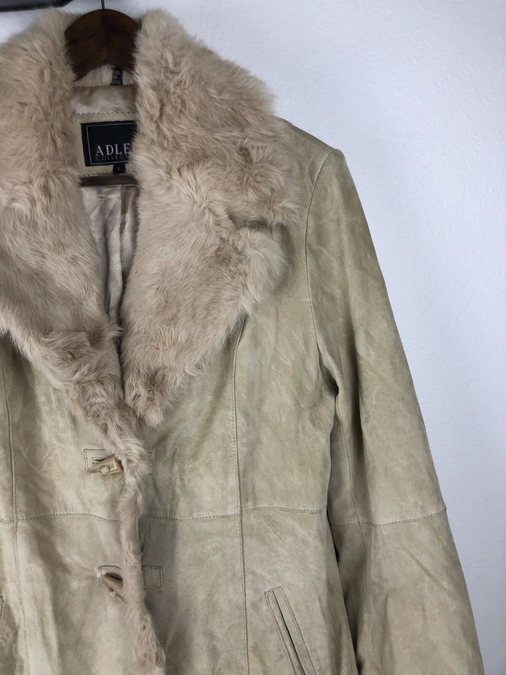 Adler 棕褐色麂皮绒皮大衣夹克毛皮装饰女式大号 — 第 4/4 张图片