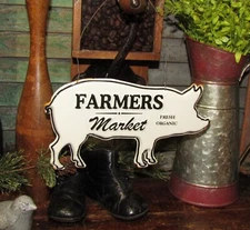 Primitive Antique Vtg Style Farmer Market Embossed Enamel Hog Pig Tin Sign AS IS