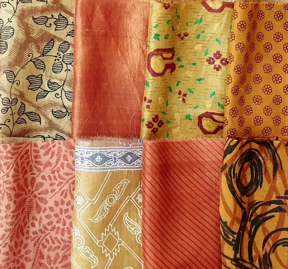 ON Vintage 50 Pcs Recycled Silk Sari Remnants 8"X8" Fabric Scraps Brown image 4