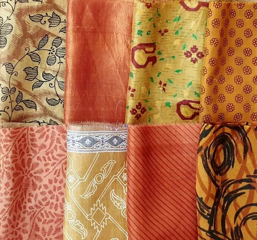 ON Vintage 50 Pcs Recycled Silk Sari Remnants 8"X8" Fabric Scraps Brown image 4