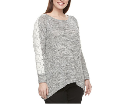 UNITY ONE WORLD GRAY EMBELLISHED W/ LACE SHARKBITE SOFT SWEATER TOP PLUS Sz 1X
