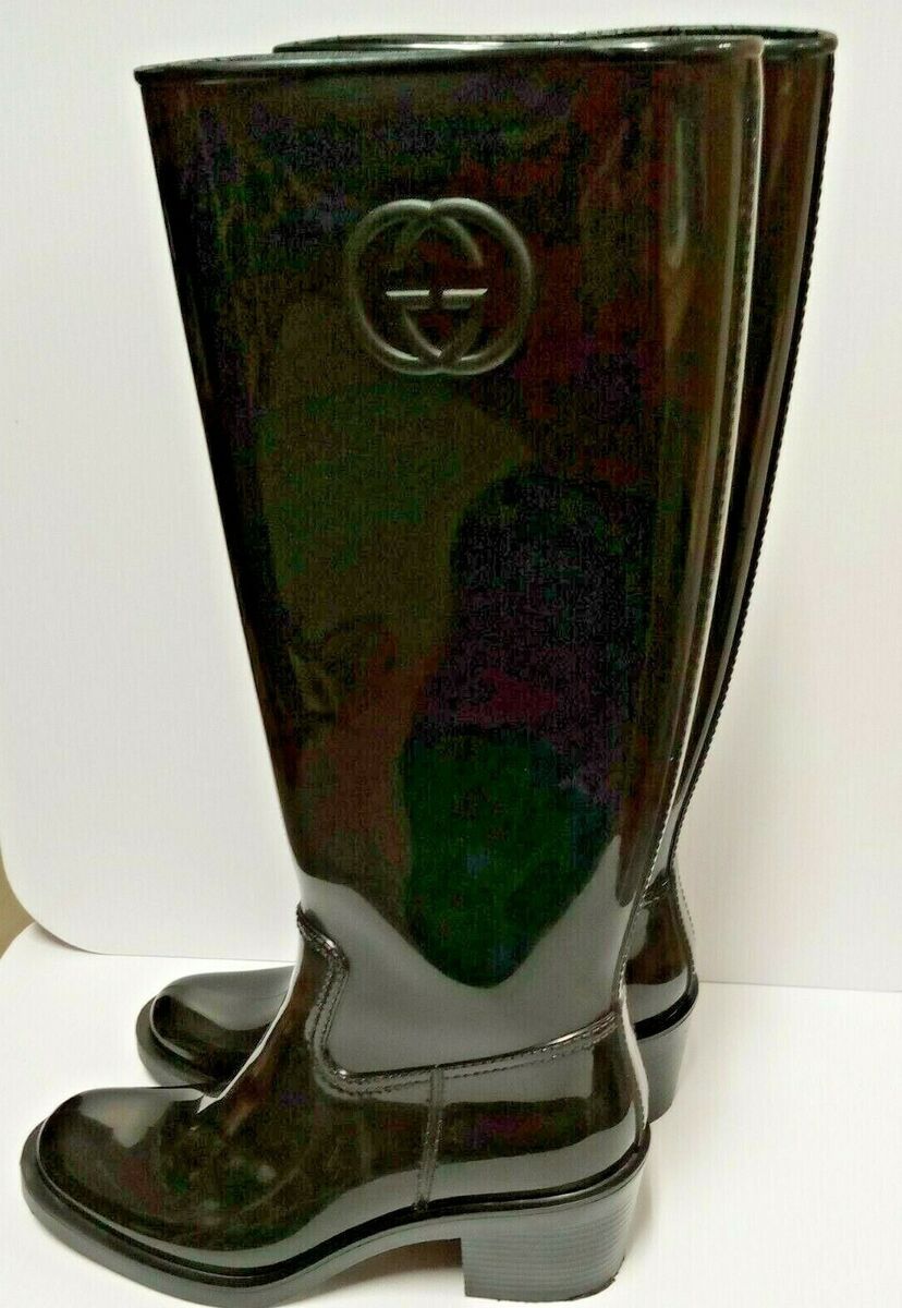 Gucci Black Monogram Logo Patent Rubber Boots Sz 5.5 (FC 71A Gucci Black Monogram Logo Patent Rubber Boots Sz 5.5 (FC 71A