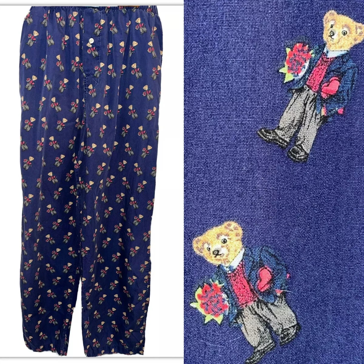 Vtg Polo Ralph Lauren Lounge Pants Teddy Bear Heart Pajamas PJ Valentine  Blue M