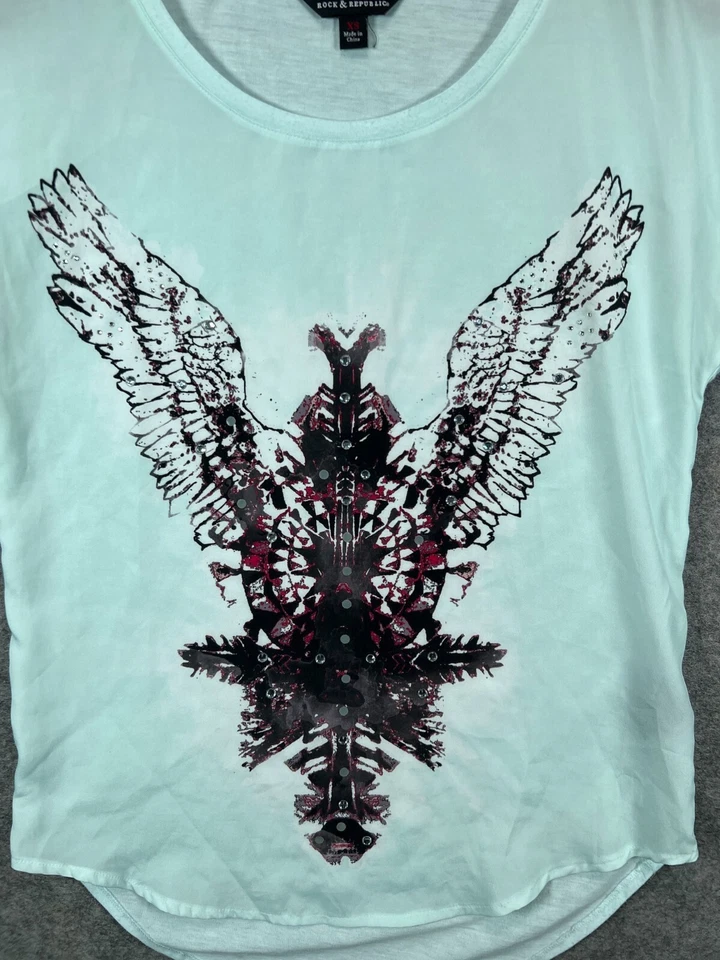 Camisa Top Blusa Manga Corta Rock & Republic Mujer XS Azul Alas Estrás Foto 3 de 4