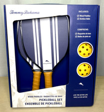 Tommy Bahama Pickleball Set 2 Blue Wood Handle Paddles 2 Yellow Game Balls