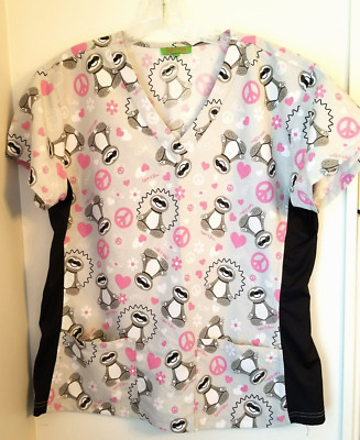 Green Town 2 Pocket Sloth Print Stretch Side Panels Scrub Top Size L #129