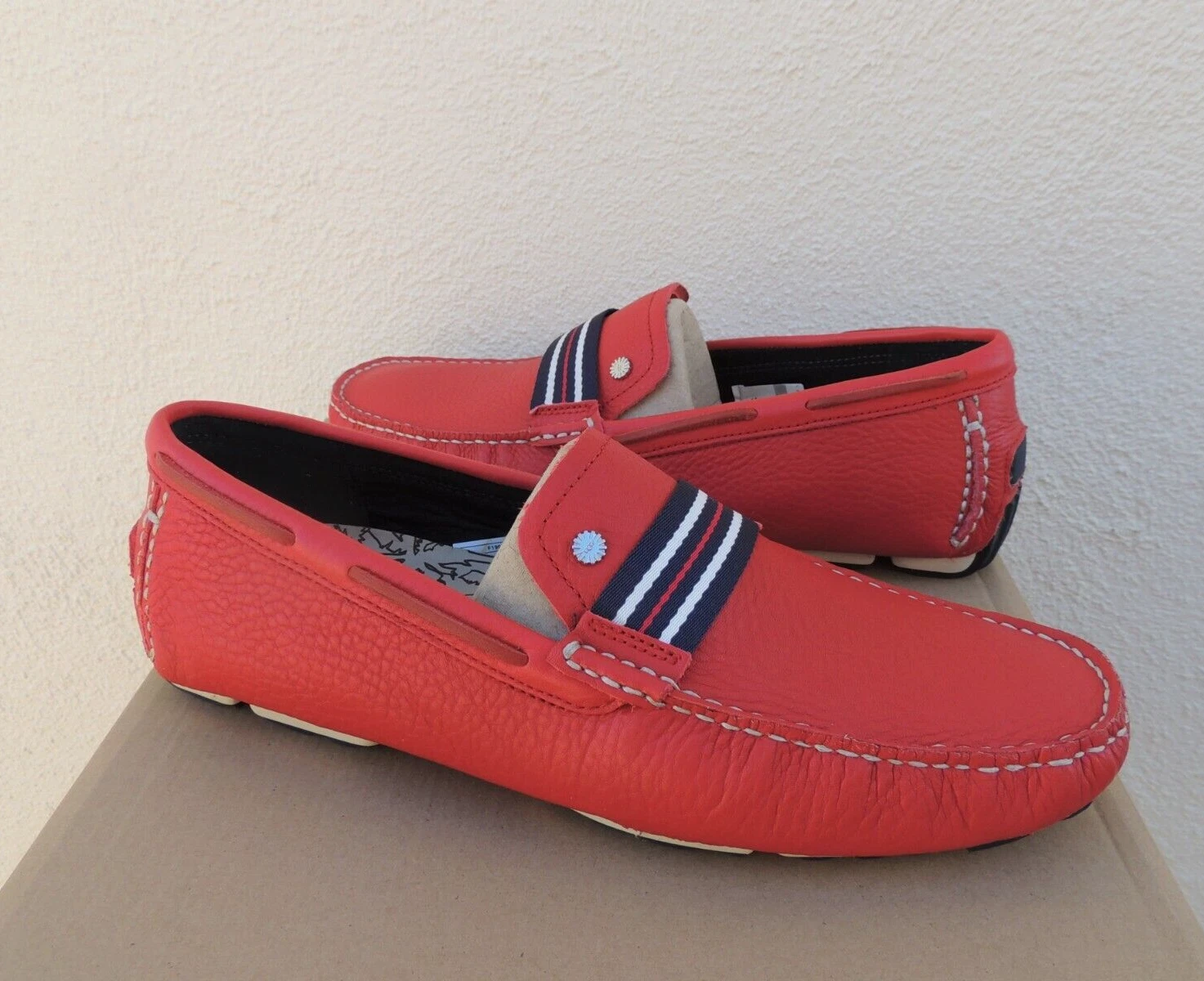 MOCASSINI DA GUIDA UGG BEL AIR TESSUTO SLIP ON IN PELLE ROSSA UOMO US 11 5 EUR 45 ~NUOVI CON SCATOLA