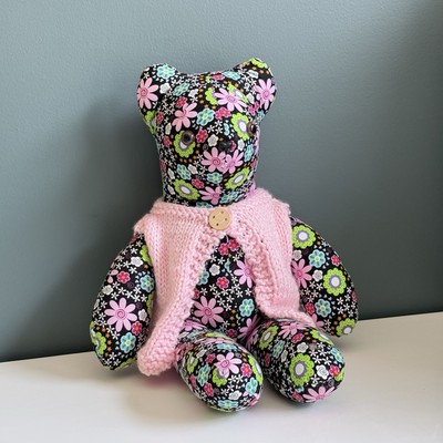 Handmade Stuffed Bear With Sweater Vest Floral Pink Pastel 70s Retro 15in