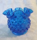 Vintage FENTON Colonial Blue Hobnail Glass Vase~Double Crimp Ruffled Edge 3"