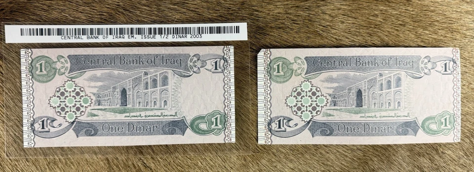 Banco Central de Irak 2003 emisión de emergencia 1 dinar sin circular con 2 billetes Foto 2 de 2