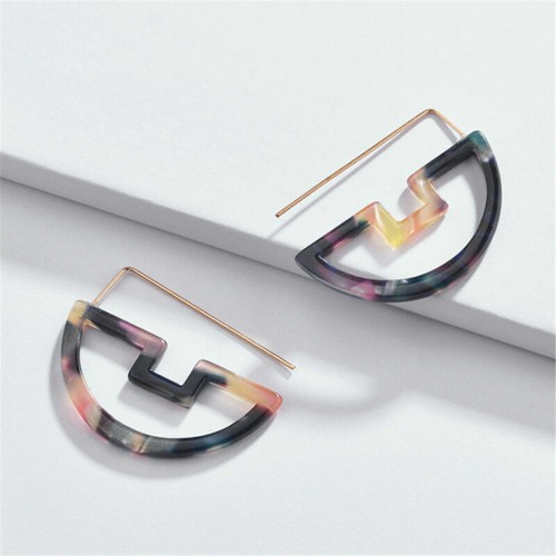 Tortoise Shell Multi Color Hoop Post Earrings Half Circle Abstract Earrings gift - Picture 9 of 13