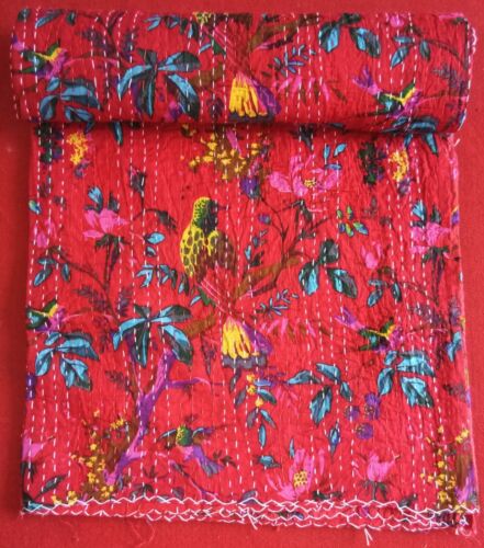 Indian Floral Bird Print Queen/Twin kantha Quilt Throw Blanket Bedspread Ralli - Picture 1 of 3