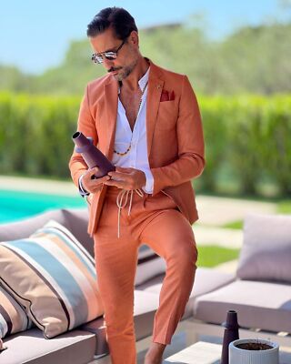 Orange Linen Men's Suits Summer Causal Wear Beach Wedding Groom Prom Tuxedos | eBay Orange Linen Men's Suits Summer Causal Wear Beach Wedding Groom Prom Tuxedos | eBay