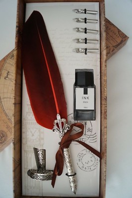 Calligraphy Vintage Style Feather Quill Metal 5 Nib Dip Pen Set Holder ...