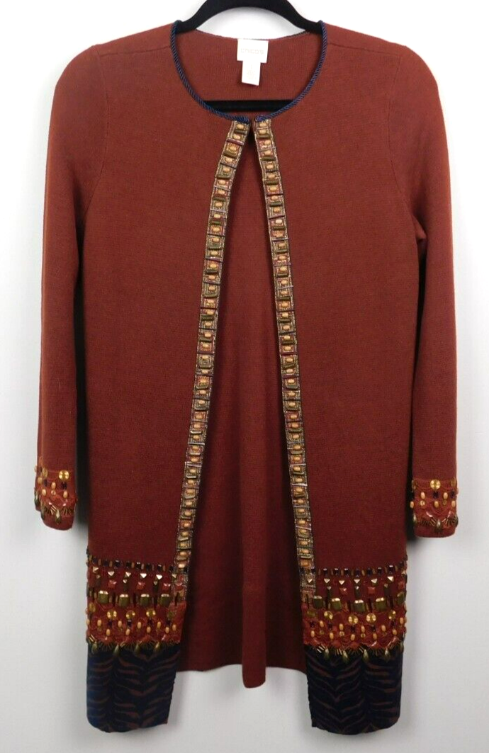 Chicos Sweater Womens Medium Cardigan Beaded Brown Long Sleeve Cotton  Flocked