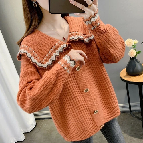 Long Sleeve Lapel Neck Collar Sweater Women Short Jacket Short Knitwear - Bild 12 von 24
