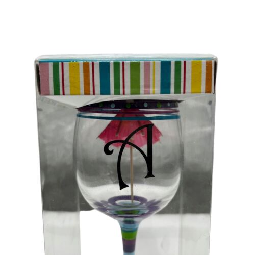 Monogram Letter "A" Long Stem Wine Glass Purple Blue Lime Green Stripes NEW - Picture 3 of 6