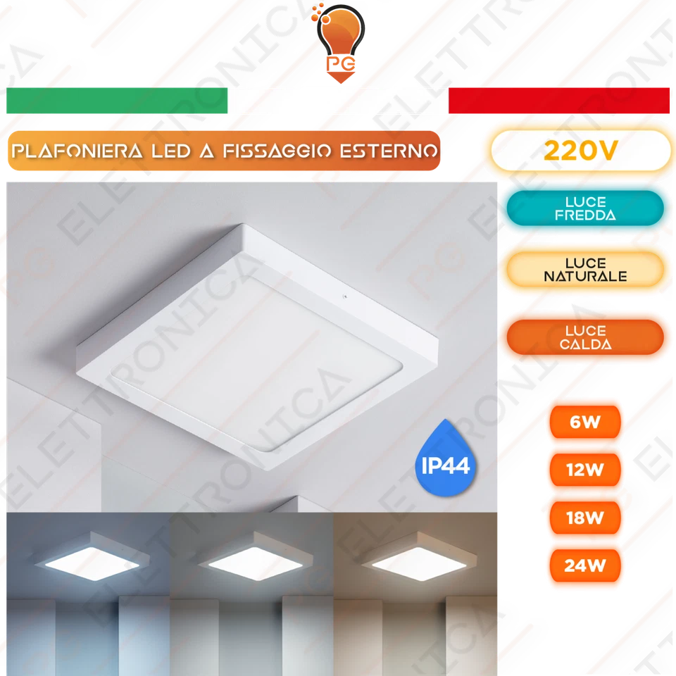 Plafoniera led quadrata montaggio esterno soffitto 3000 4000 6000 cornice bianca