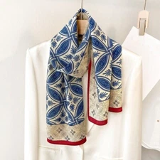 100% Mulberry Silk Crepe Shawl Flower Print Neckerchief Oblong Scarf Blue/Red
