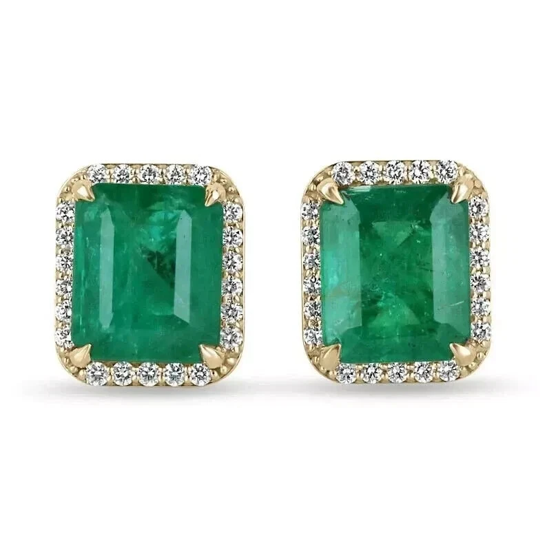 4.00 Ct Natural Green Emerald & Lab Grown Diamond Stud Earrings 10K Yellow Gold - Image 2 of 4