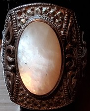 Vtg Large Sterling Siver Ring Mother Of Pearl  Marcasite Size 6