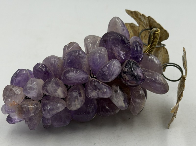 RARE VINTAGE Real AMETHYST STONE GRAPE Cluster Vine With Metal Leaves Estate